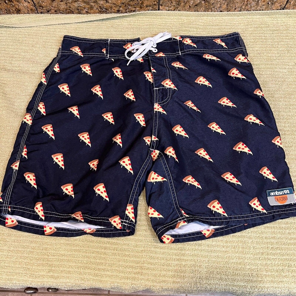 AMBSN California Board Shorts Swim Surf Trunks Size 32 All Over Pizza Print Blue